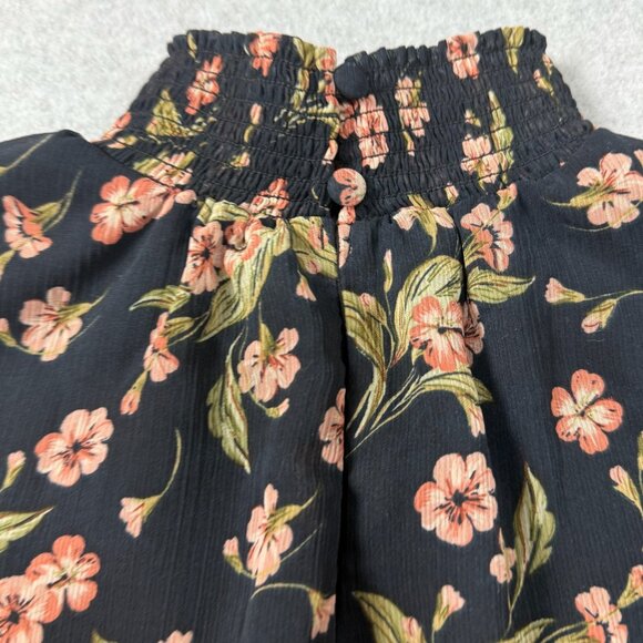 Floral Smocked High Neck Long Sleeve Womens‎ Blouse XS Black With Pink Flowers - Picture 7 of 8